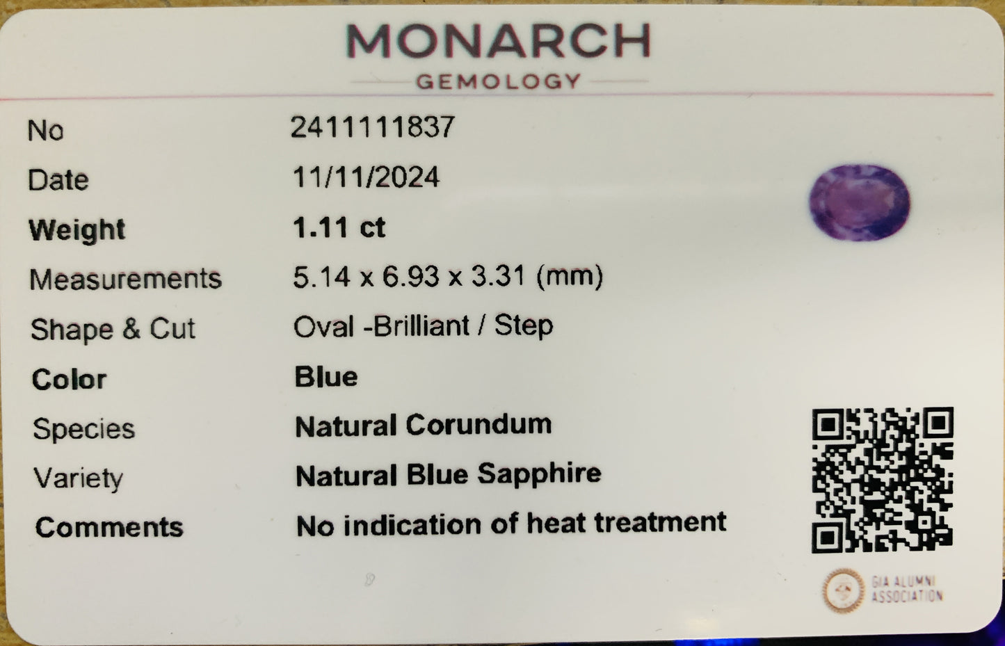 Unheated Blue Sapphire – 1.11 Carat Natural Corundum | Oval Brilliant Cut | Certified