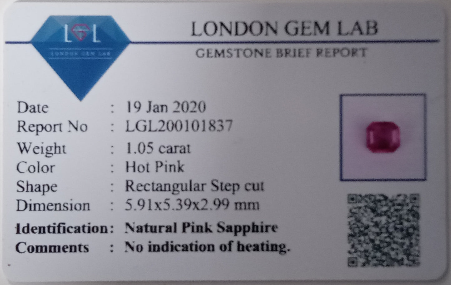 1.05 ct Natural Hot Pink Sapphire – Certified  | Rectangular Step Cut | Untreated Gemstone
