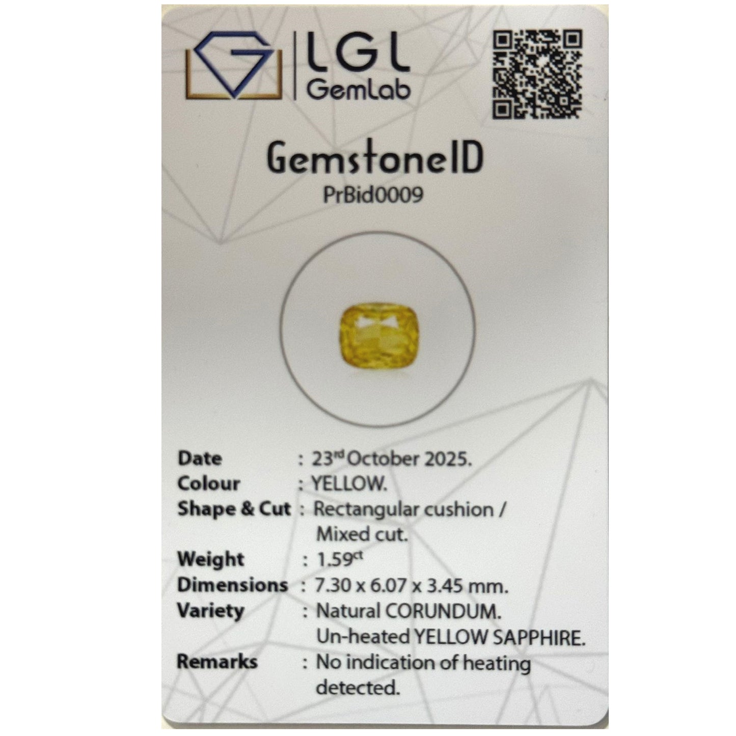 Unheated Ceylon Yellow Sapphire – 1.59 Carat Natural Corundum | Rectangular Cushion Cut | Certified