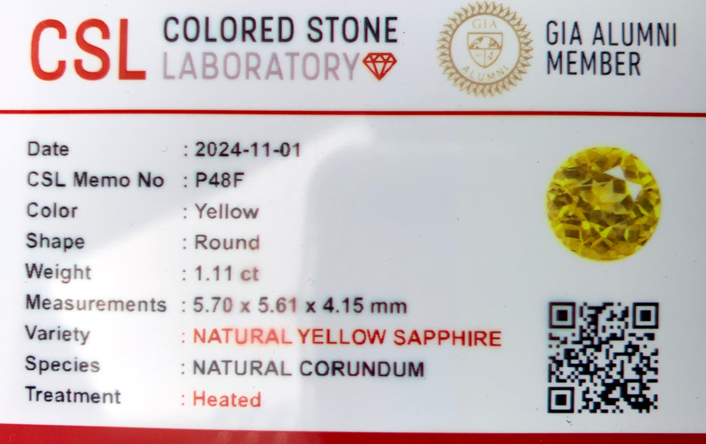 Natural Yellow Sapphire – 1.11 Carat Round Brilliant Cut | VVS Clarity | Heated Ceylon Sapphire | Certified