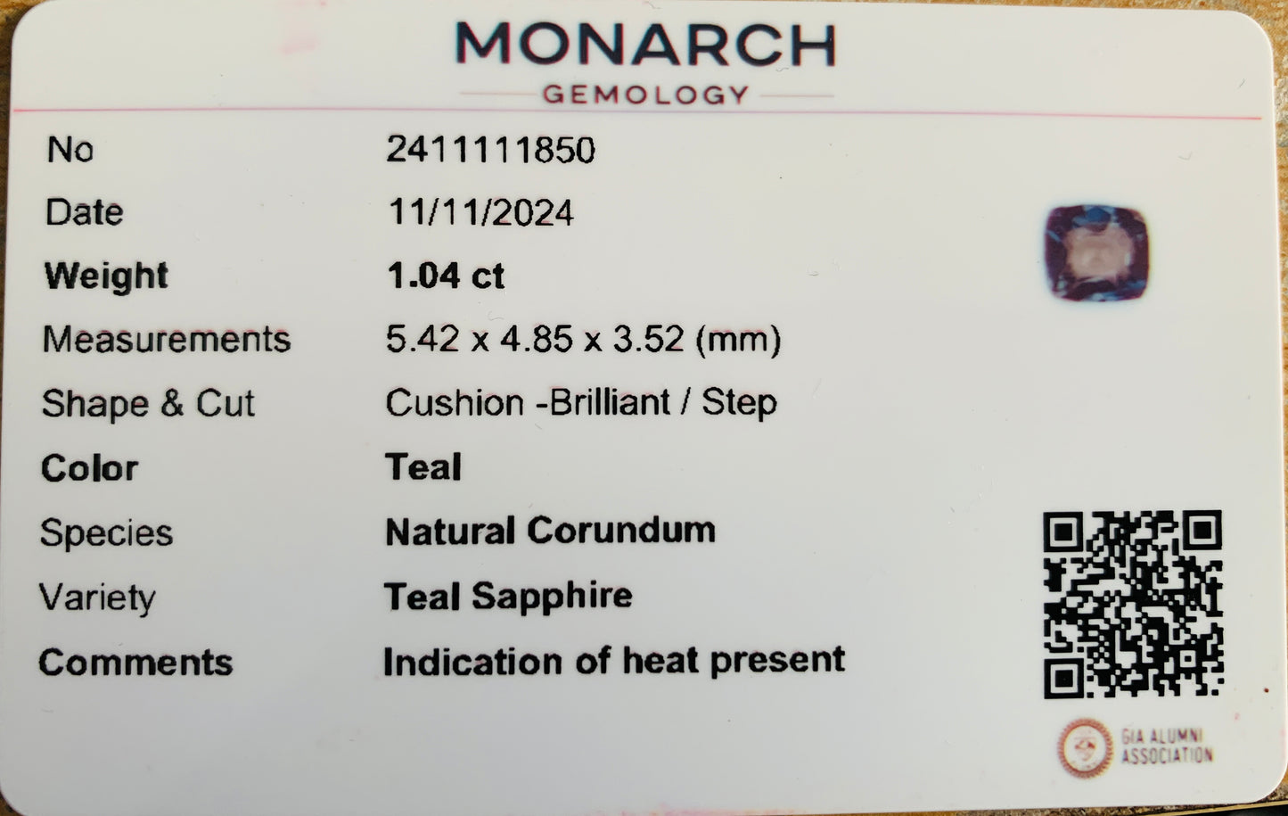 Teal Sapphire – 1.04 Carat Natural Corundum | Cushion Brilliant Cut | Heated Gem | Certified