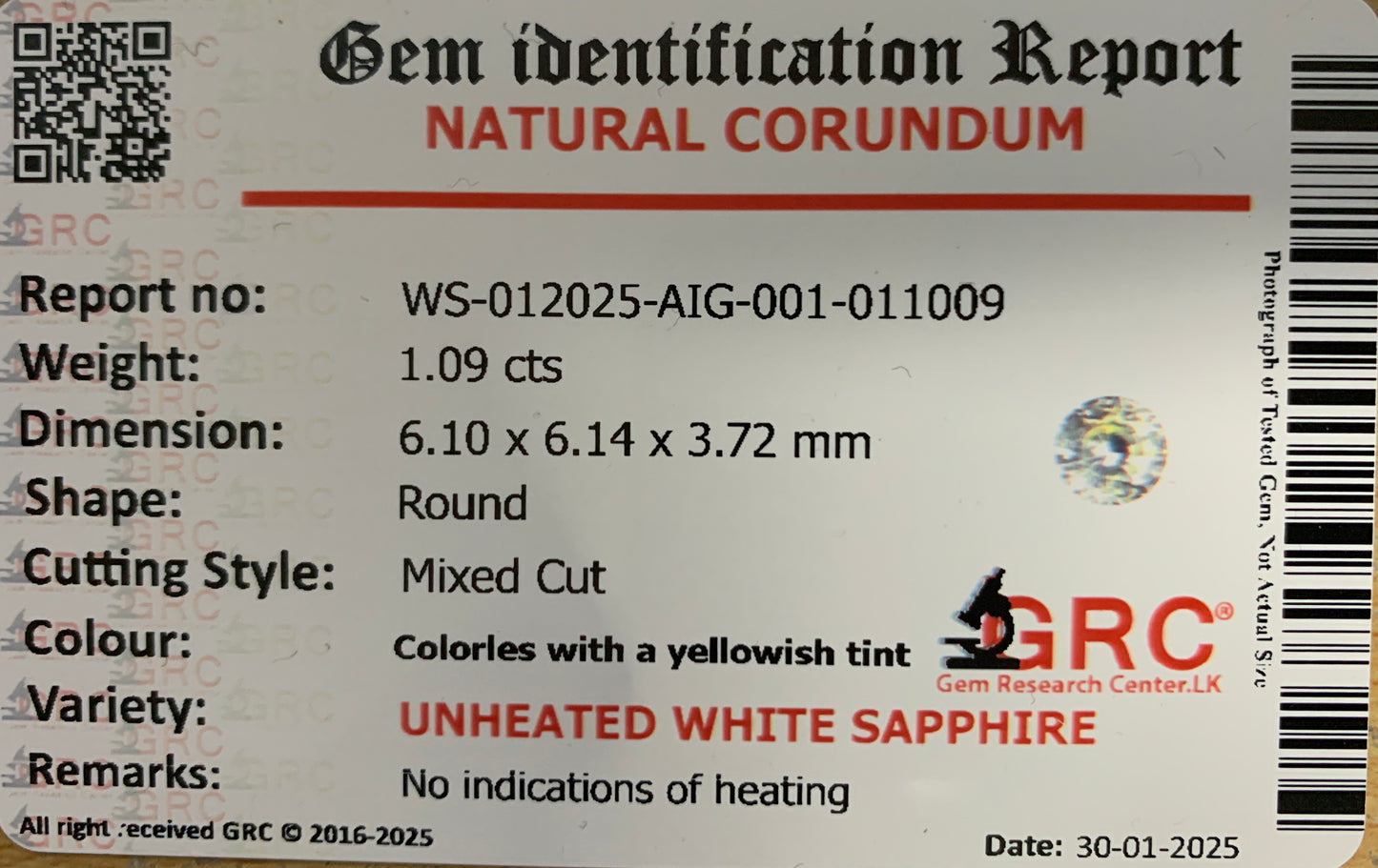 1.09ct Unheated White Sapphire (Yellow Tint) – VVS Clarity – Round Brilliant – Ceylon Origin