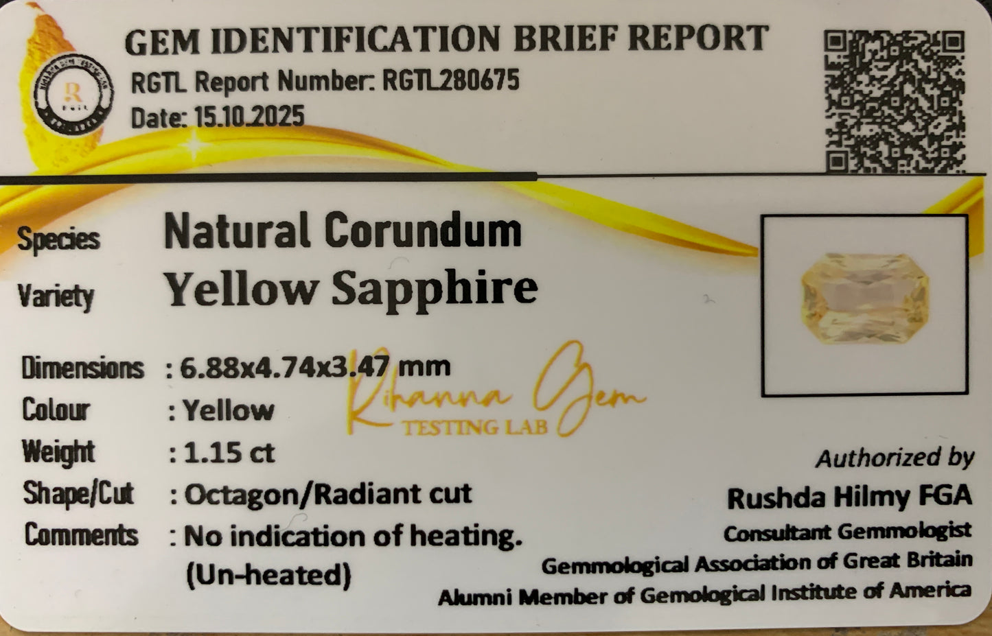 Natural Yellow Sapphire – Premium Unheated Radiant-Cut Gemstone 1.15Crt
