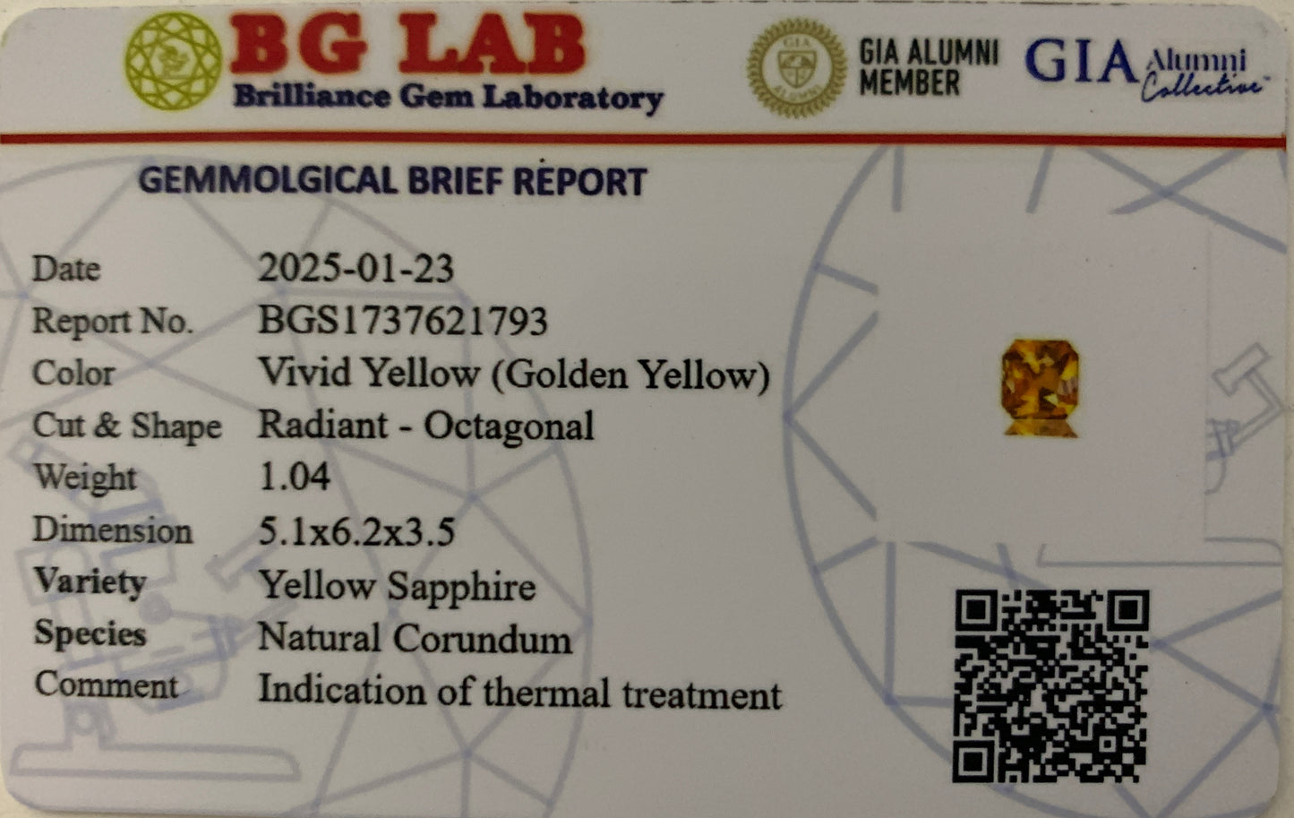 Natural Yellow Sapphire – Premium Radiant-Cut Golden Yellow Gemstone (1.04 ct)